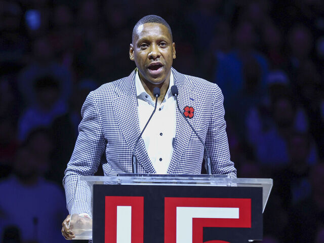 TORONTO, CANADA - NOVEMBER 2: Toronto Raptors general manager Masai Ujiri speaks during Vince Carter's jersey retirement ceremony at halftime of a game between the Sacramento Kings and the Toronto Raptors on November 2, 2024 at the Scotiabank Arena in Toronto, Ontario, Canada. Mandatory Copyright Notice: Copyright 2024 NBAE
