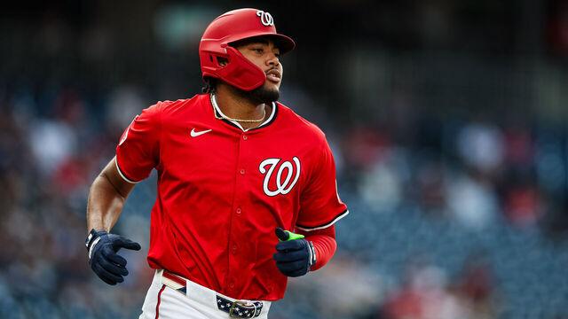 WASHINGTON, DC - JULY 02: James Wood #29 of the Washington Nationals singles against the Detroit Tigers during the first inning of game two of a split doubleheader at Nationals Park on July 2, 2025 in Washington, DC.