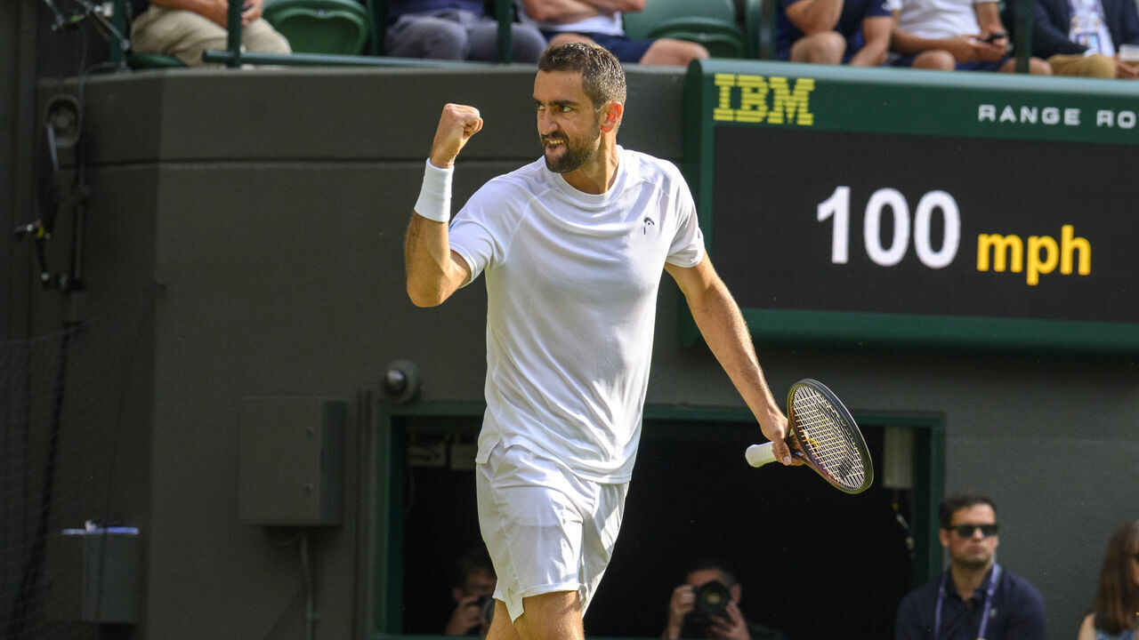 LONDON, ENGLAND - JULY 03: Marin Cilic of Croatia plays in the Men's singles second round match against Jack Draper of Great Britain (not seen) during day four of The Championships Wimbledon 2025 at All England Lawn Tennis and Croquet Club on July 03, 2025 in London, England.