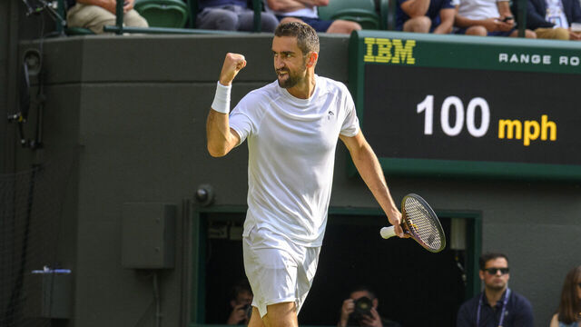 LONDON, ENGLAND - JULY 03: Marin Cilic of Croatia plays in the Men's singles second round match against Jack Draper of Great Britain (not seen) during day four of The Championships Wimbledon 2025 at All England Lawn Tennis and Croquet Club on July 03, 2025 in London, England.