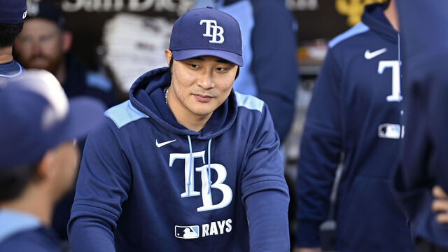 SAN DIEGO, CALIFORNIA - APRIL 25: Ha-Seong Kim #7 of the Tampa Bay Rays looks on before the game against the San Diego Padres at Petco Park on April 25, 2025 in San Diego, California.