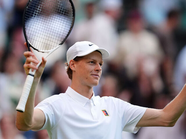 Jannik Sinner celebrates his victory over Aleksandar Vukic on day four of the 2025 Wimbledon Championships at the All England Lawn Tennis and Croquet Club, London. Picture date: Thursday July 3, 2025.