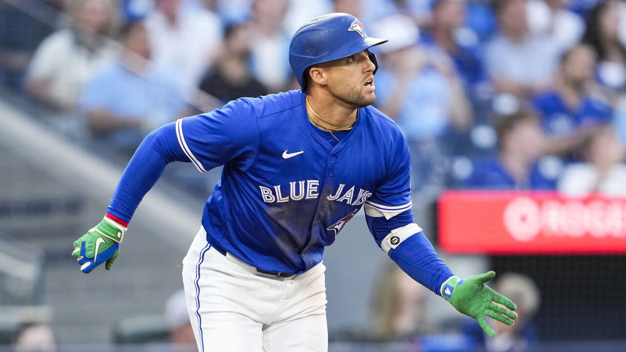 TORONTO, ON - JULY 3: George Springer #4 of the Toronto Blue Jays hits a two-run home run against the New York Yankees in the third inning at Rogers Centre on July 3, 2025 in Toronto, Ontario, Canada.