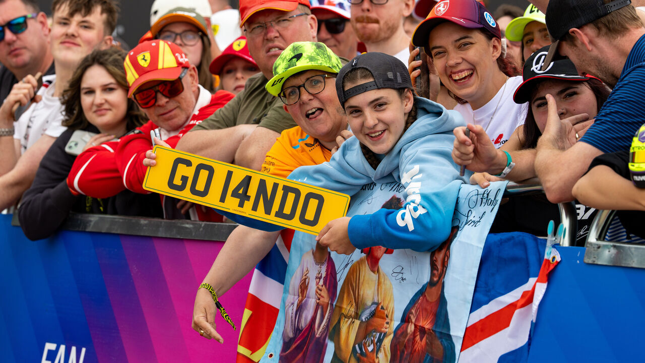 NORTHAMPTON, ENGLAND - JULY 4: Lando Norris fans at the Fan Forecourt outside the paddock during practice ahead of the F1 Grand Prix of Great Britain at Silverstone Circuit on July 4, 2025 in Northampton, United Kingdom.
