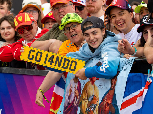 NORTHAMPTON, ENGLAND - JULY 4: Lando Norris fans at the Fan Forecourt outside the paddock during practice ahead of the F1 Grand Prix of Great Britain at Silverstone Circuit on July 4, 2025 in Northampton, United Kingdom.