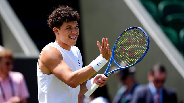 Ben Shelton celebrates victory over Rinky Hijikata on day five of the 2025 Wimbledon Championships at the All England Lawn Tennis and Croquet Club, London. Picture date: Friday July 4, 2025.