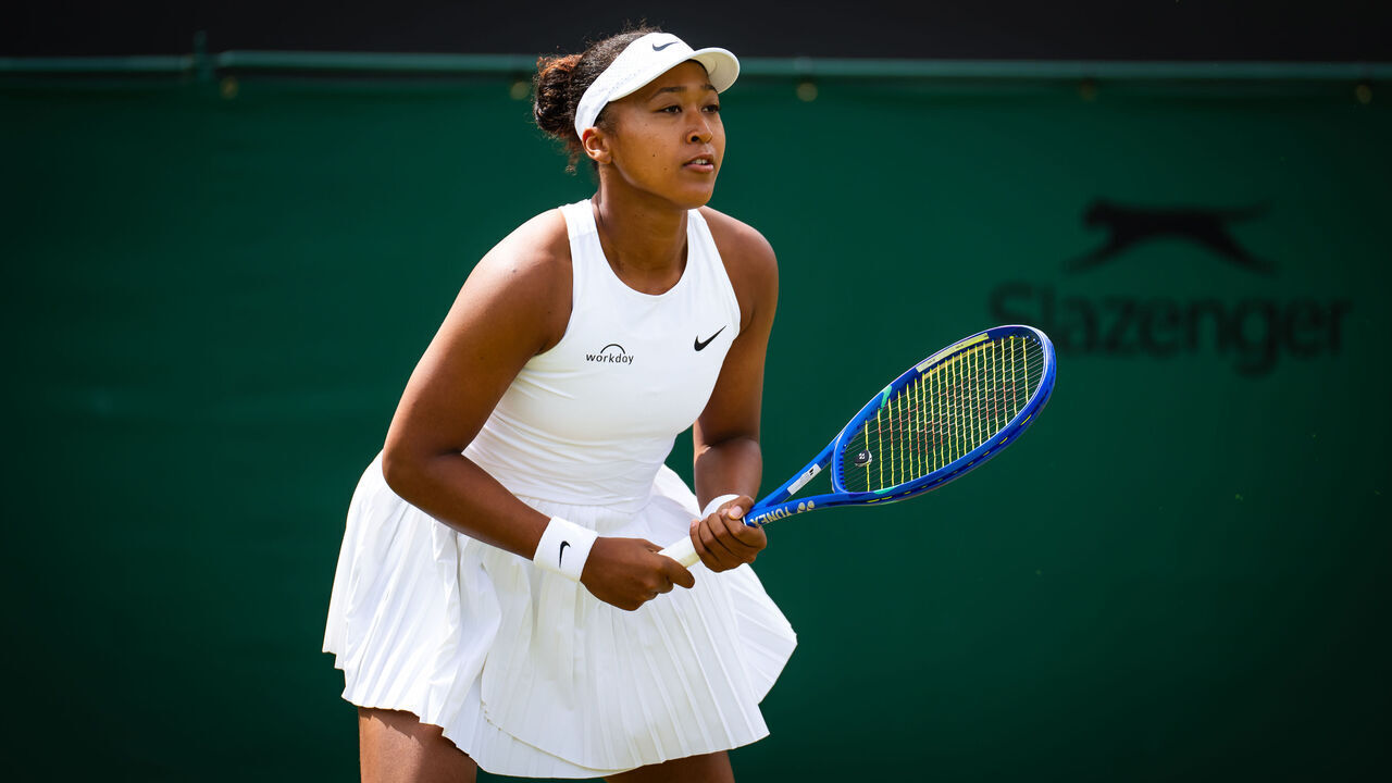 LONDON, ENGLAND - JULY 04: Naomi Osaka of Japan in action against Anastasia Pavlyuchenkova in the third round on Day Five of The Championships Wimbledon 2025 at All England Lawn Tennis and Croquet Club on July 04, 2025 in London, England