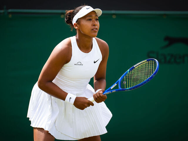 LONDON, ENGLAND - JULY 04: Naomi Osaka of Japan in action against Anastasia Pavlyuchenkova in the third round on Day Five of The Championships Wimbledon 2025 at All England Lawn Tennis and Croquet Club on July 04, 2025 in London, England