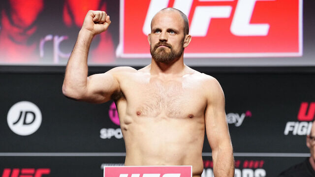 LONDON, ENGLAND - MARCH 21: Gunnar Nelson of Iceland poses on the scale during the UFC Fight Night ceremonial weigh-in at The O2 on March 21, 2025 in London, England.