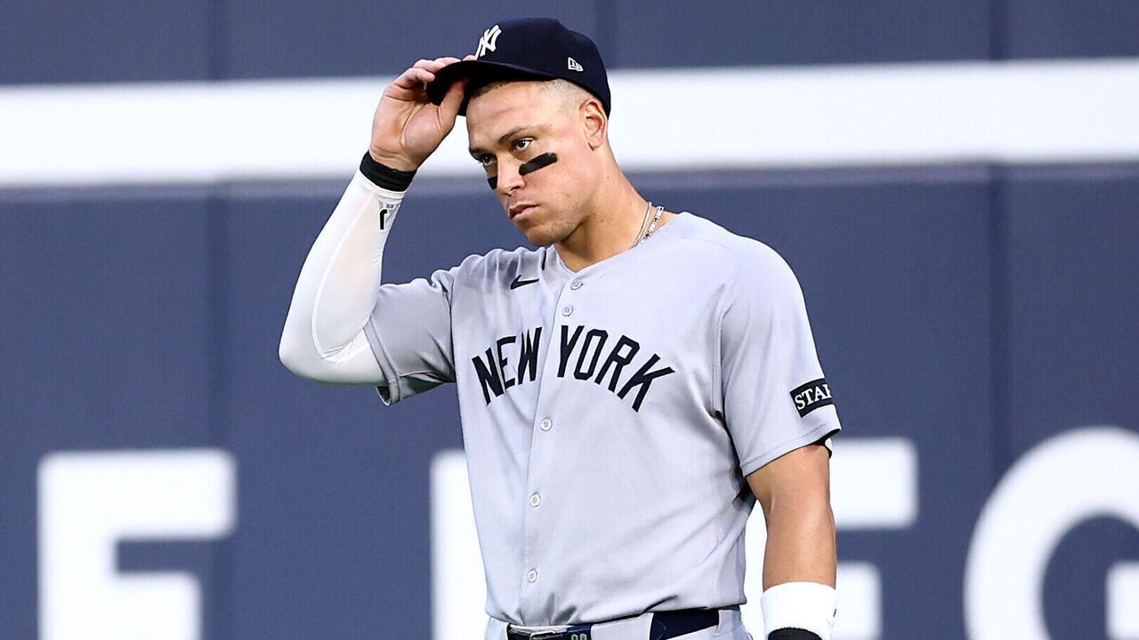 TORONTO, ON - JULY 02: Aaron Judge #99 of the New York Yankees plays the field during a game against the Toronto Blue Jays at Rogers Centre on July 02, 2025 in Toronto, Ontario, Canada.