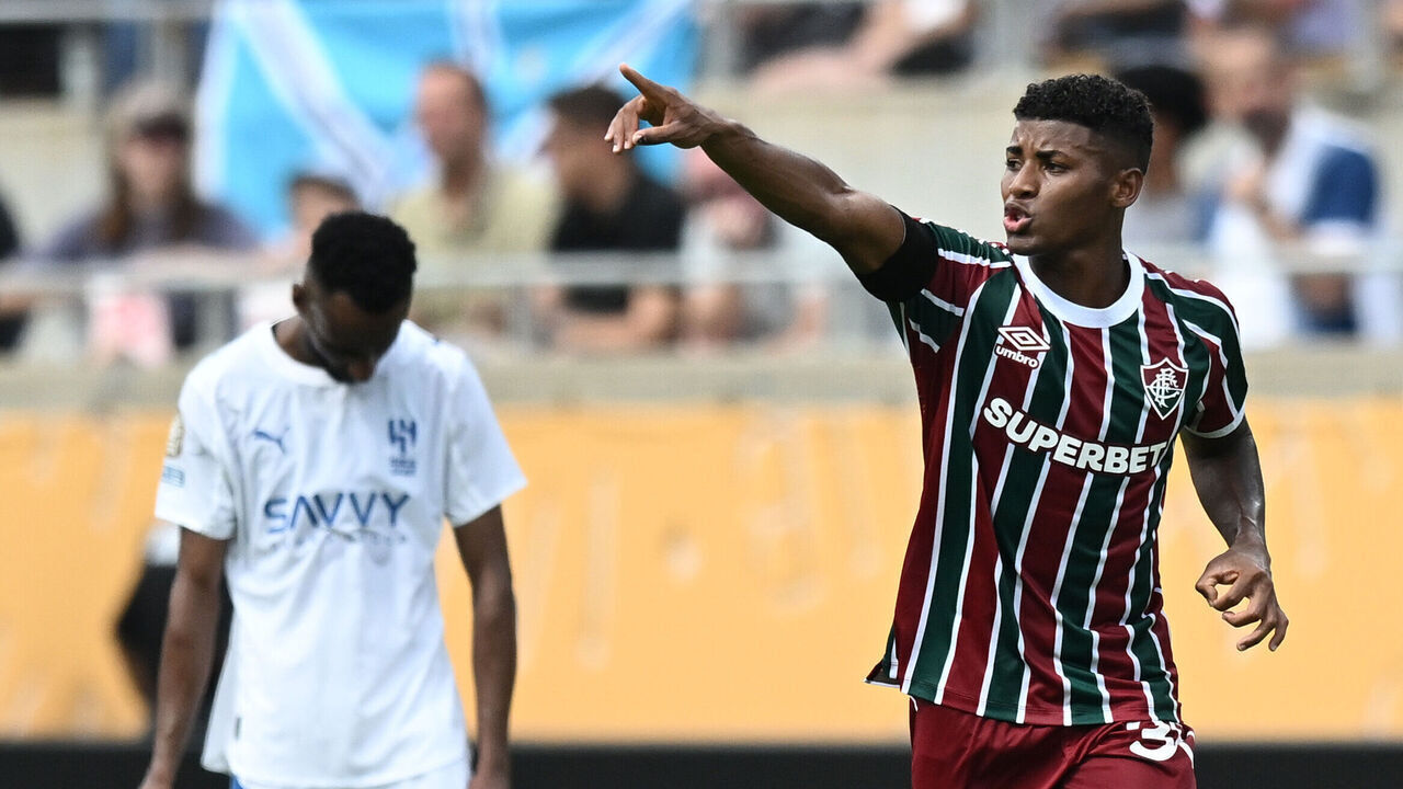 ORLANDO, FLORIDA - JULY 04: Hercules of Fluminense celebrates his goal during the FIFA Club World Cup 2025 quarter final match between Fluminense FC and Al Hilal at Camping World Stadium on July 04, 2025 in Orlando, Florida.