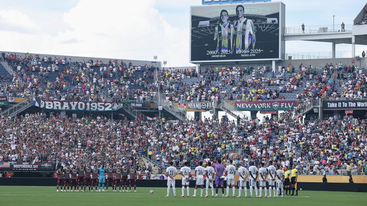 ORLANDO, FLORIDA - JULY 04: Players, match officials and fans pause for a moments silence in memory of former football player Diogo Jota and his brother Andre Silva, who passed away on the 3rd of July 2025 prior to the FIFA Club World Cup 2025 quarter final match between Fluminense FC and Al Hilal at Camping World Stadium on July 04, 2025 in Orlando, Florida.