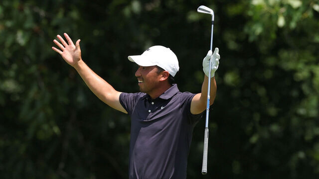 SILVIS, ILLINOIS - JULY 04: Doug Ghim of the United States reacts after holing out his second shot on the 15th hole during the second round of the John Deere Classic 2025 at TPC Deere Run on July 04, 2025 in Silvis, Illinois.