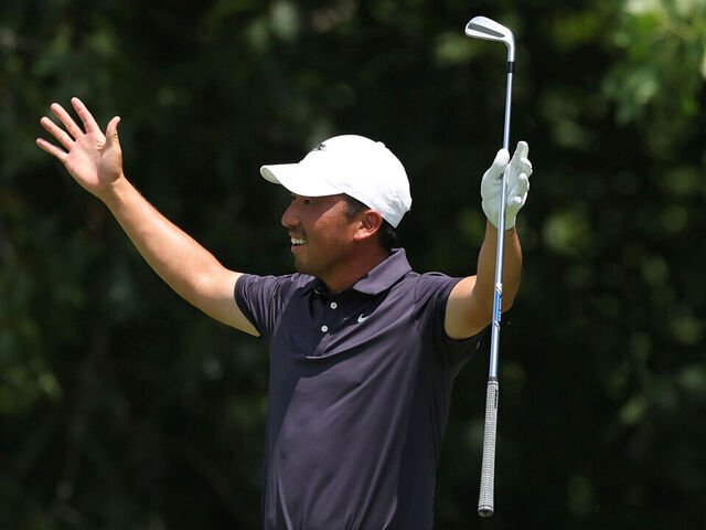 SILVIS, ILLINOIS - JULY 04: Doug Ghim of the United States reacts after holing out his second shot on the 15th hole during the second round of the John Deere Classic 2025 at TPC Deere Run on July 04, 2025 in Silvis, Illinois.