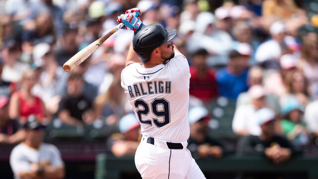 SEATTLE, WA - JULY 04: Cal Raleigh #29 of the Seattle Mariners hits a home run during the game between the Pittsburgh Pirates and the Seattle Mariners at T-Mobile Park on Friday, July 4, 2025 in Seattle, Washington.