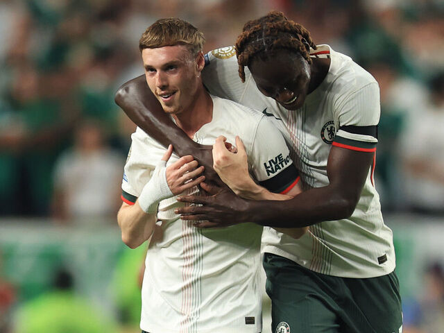 PHILADELPHIA, PENNSYLVANIA - JULY 04: Cole Palmer #10 of Chelsea FC celebrates scoring his team's first goal with teammate Trevoh Chalobah #23 during the FIFA Club World Cup 2025 quarter final match between SE Palmeiras and Chelsea FC at Lincoln Financial Field on July 04, 2025 in Philadelphia, Pennsylvania.