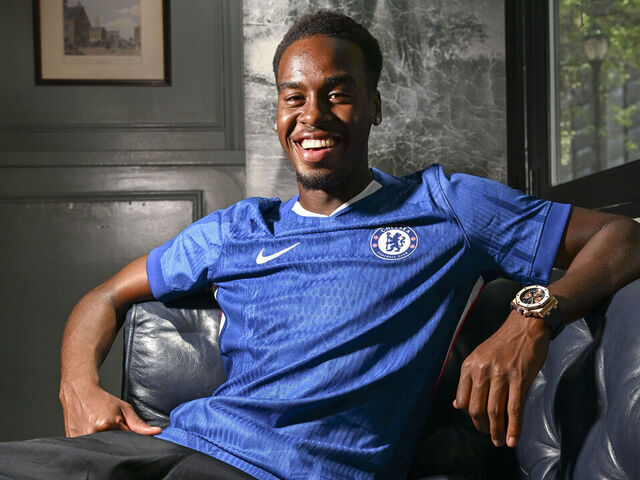 PHILADELPHIA, PENNSYLVANIA - JULY 5: Chelsea Unveil New Signing Jamie Gittens on July 5, 2025 in Philadelphia, Pennsylvania.