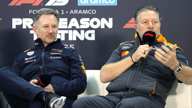 BAHRAIN, BAHRAIN - FEBRUARY 26: Christian Horner, Team Principal of Oracle Red Bull Racing and Zak Brown, Chief Executive Officer of McLaren attend the Team Principals Press Conference during day one of F1 Testing at Bahrain International Circuit on February 26, 2025 in Bahrain, Bahrain.