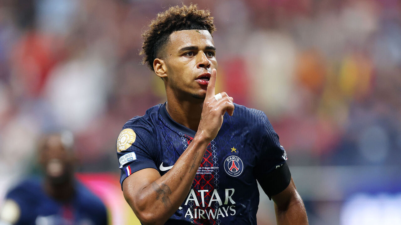 ATLANTA, GEORGIA - JULY 05: Desire Doue #14 of Paris Saint-Germain celebrates scoring his team's first goal during the FIFA Club World Cup 2025 quarter-final match between Paris Saint-Germain and FC Bayern München at Mercedes-Benz Stadium on July 05, 2025 in Atlanta, Georgia.
