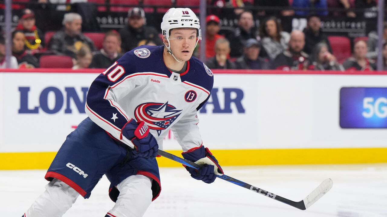 OTTAWA, CANADA - APRIL 6: Dmitri Voronkov #10 of the Columbus Blue Jackets skates against the Ottawa Senators at Canadian Tire Centre on April 6, 2025 in Ottawa, Ontario, Canada.