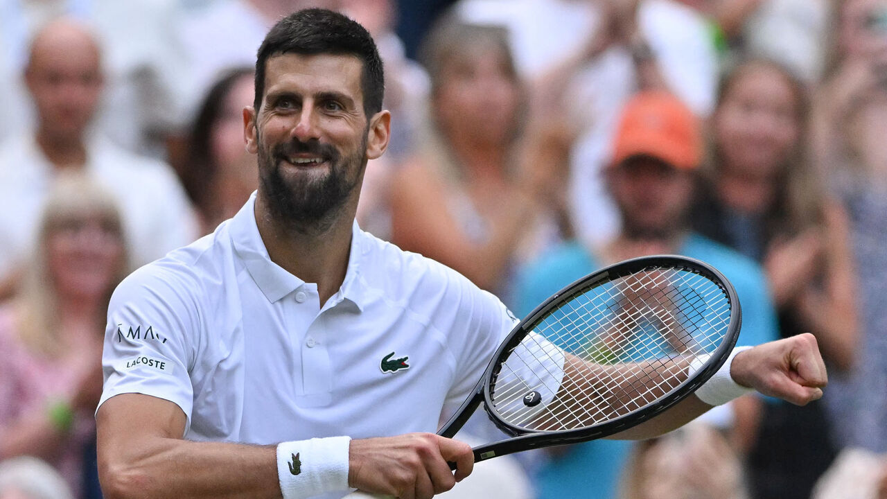 Serbia's Novak Djokovic celebrates after victory over Serbia's Miomir Kecmanovic at the end of their men's singles third round tennis match on the sixth day of the 2025 Wimbledon Championships at The All England Lawn Tennis and Croquet Club in Wimbledon, southwest London, on July 5, 2025.