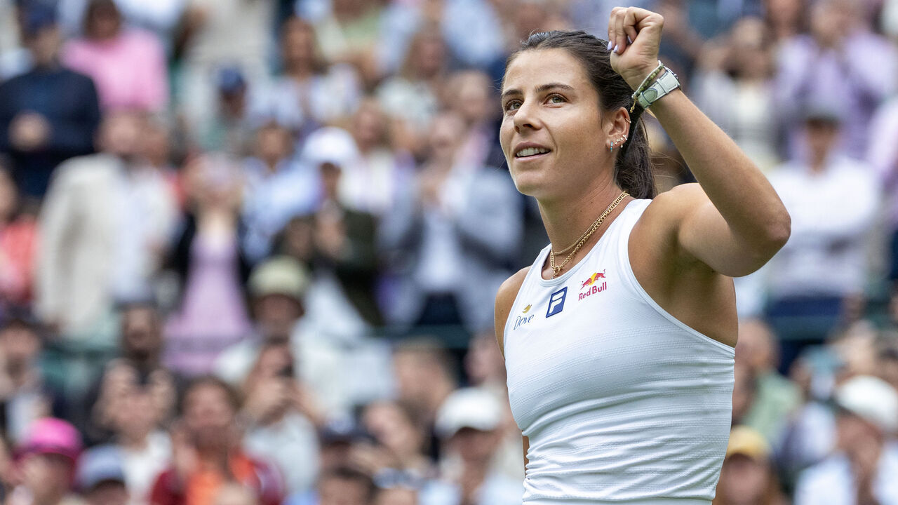 LONDON, ENGLAND - JULY 05: Emma Navarro of the United States celebrates her victory against Barbora Krejcikova of Czechia in the third round of the Ladies' Singles Competition on Court No.1 during the Wimbledon Lawn Tennis Championships at the All England Lawn Tennis and Croquet Club at Wimbledon on July 5th, 2025, in London, England.