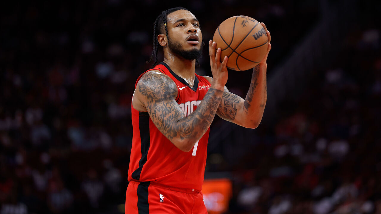 HOUSTON, TEXAS - APRIL 13: Cam Whitmore #7 of the Houston Rockets shoots a free throw in the second half against the Denver Nuggets at Toyota Center on April 13, 2025 in Houston, Texas. NOTE TO USER: User expressly acknowledges and agrees that, by downloading and/or using this photograph, user is consenting to the terms and conditions of the Getty Images License Agreement.
