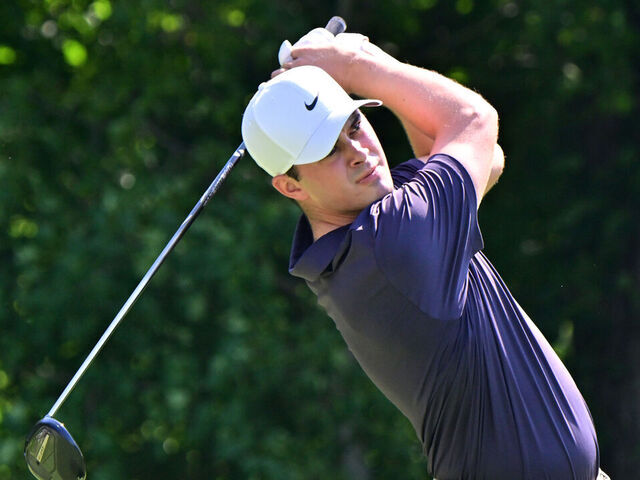 SILVIS, IL - JUL 05: Golfer Davis Thompson hits his shot on the #2 tee during the third round of the John Deere PGA Golf Classic on July 05, 2025, at TPC Deere Run in Silvis,IL.