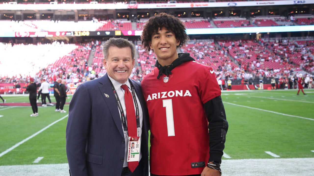 GLENDALE, ARIZONA - JANUARY 5: Arizona Cardinals owner, chairman and president Michael Bidwill poses for a photo with the 2025 Nike's The Next Ones award winner Devin Fitzgerald prior to an NFL football game between the San Francisco 49ers and the Arizona Cardinals at State Farm Stadium on January 5, 2025 in Glendale, Arizona.
