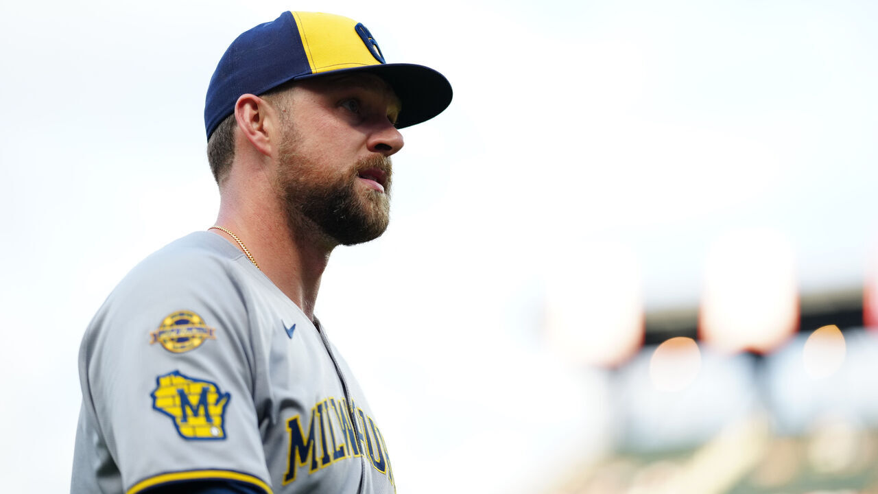 NEW YORK, NY - JULY 02: Rhys Hoskins #12 of the Milwaukee Brewers walks on the field prior to the game between the Milwaukee Brewers and the New York Mets at Citi Field on Wednesday, July 2, 2025 in New York, New York.
