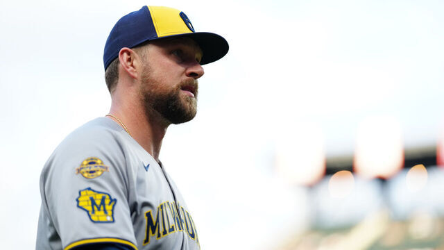 NEW YORK, NY - JULY 02: Rhys Hoskins #12 of the Milwaukee Brewers walks on the field prior to the game between the Milwaukee Brewers and the New York Mets at Citi Field on Wednesday, July 2, 2025 in New York, New York.
