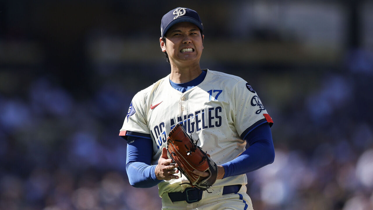 LOS ANGELES, CALIFORNIA - JULY 05: Shohei Ohtani #17 of the Los Angeles Dodgers reacts while pitching in the second inning against the Houston Astros at Dodger Stadium on July 05, 2025 in Los Angeles, California.