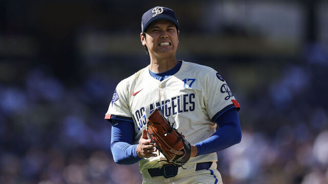 LOS ANGELES, CALIFORNIA - JULY 05: Shohei Ohtani #17 of the Los Angeles Dodgers reacts while pitching in the second inning against the Houston Astros at Dodger Stadium on July 05, 2025 in Los Angeles, California.