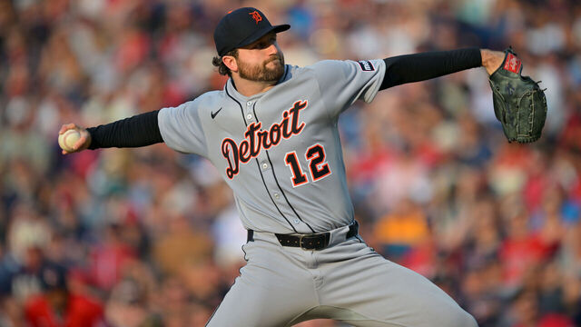 CLEVELAND, OHIO - JULY 05: Starting pitcher Casey Mize #12 of the Detroit Tigers pitches during the first inning against the Cleveland Guardians at Progressive Field on July 05, 2025 in Cleveland, Ohio.