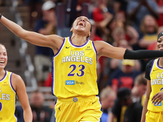 INDIANAPOLIS, INDIANA - JULY 05: Azura Stevens #23 of the Los Angeles Sparks reacts after defeating the Indiana Fever at Gainbridge Fieldhouse on July 5, 2025 in Indianapolis, Indiana.