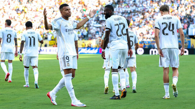EAST RUTHERFORD, NEW JERSEY - JULY 05: Kylian Mbappe #9 of Real Madrid celebrates scoring a goal during the FIFA Club World Cup 2025 quarter-final match between Real Madrid CF and Borussia Dortmund at MetLife Stadium on July 5, 2025 in East Rutherford, United States.