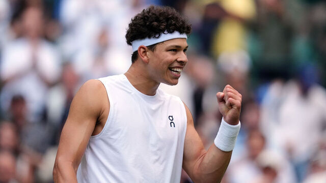 Ben Shelton celebrates his victory over Marton Fucsovics on day six of the 2025 Wimbledon Championships at the All England Lawn Tennis and Croquet Club, London. Picture date: Saturday July 5, 2025.