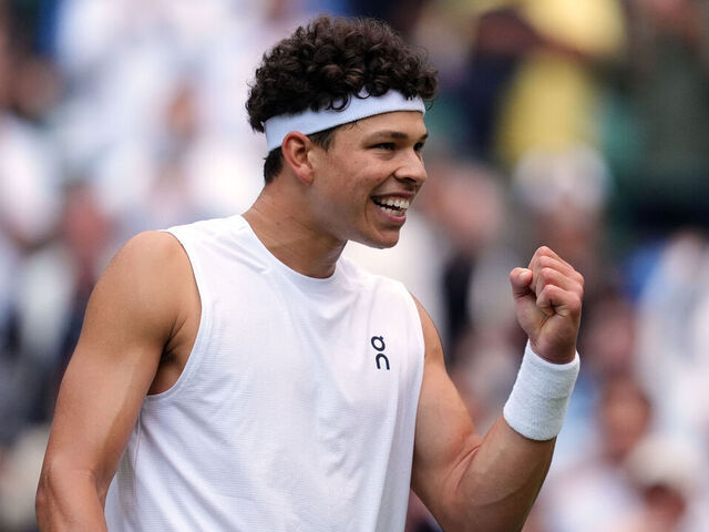 Ben Shelton celebrates his victory over Marton Fucsovics on day six of the 2025 Wimbledon Championships at the All England Lawn Tennis and Croquet Club, London. Picture date: Saturday July 5, 2025.