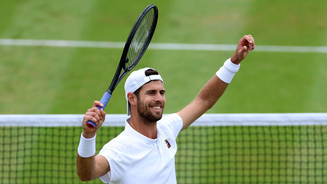 LONDON, ENGLAND - JULY 06: Karen Khachanov celebrates winning match point against Kamil Majchrzak of Poland during the Gentlemen's Singles fourth round match on day seven of The Championships Wimbledon 2025 at All England Lawn Tennis and Croquet Club on July 06, 2025 in London, England.