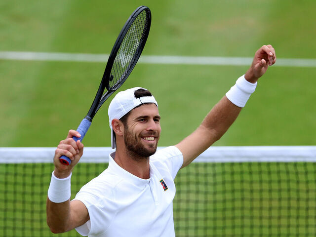 LONDON, ENGLAND - JULY 06: Karen Khachanov celebrates winning match point against Kamil Majchrzak of Poland during the Gentlemen's Singles fourth round match on day seven of The Championships Wimbledon 2025 at All England Lawn Tennis and Croquet Club on July 06, 2025 in London, England.