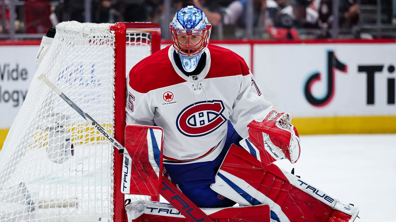 WASHINGTON, DC - APRIL 30: Jakub Dobes #75 of the Montreal Canadiens tends net against the Washington Capitals during the second period in Game Five of the First Round of the 2025 Stanley Cup Playoffs at Capital One Arena on April 30, 2025 in Washington, DC.