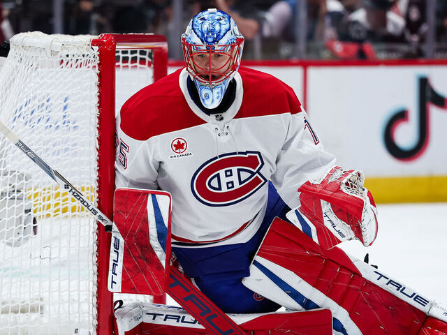 WASHINGTON, DC - APRIL 30: Jakub Dobes #75 of the Montreal Canadiens tends net against the Washington Capitals during the second period in Game Five of the First Round of the 2025 Stanley Cup Playoffs at Capital One Arena on April 30, 2025 in Washington, DC.