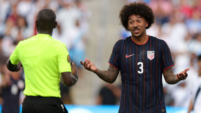 ST LOUIS, MISSOURI - JULY 02: Chris Richards #3 of United States reacts during the first half of the Gold Cup 2025 Semifinals against Guatemala at Energizer Park on July 02, 2025 in St Louis, Missouri.