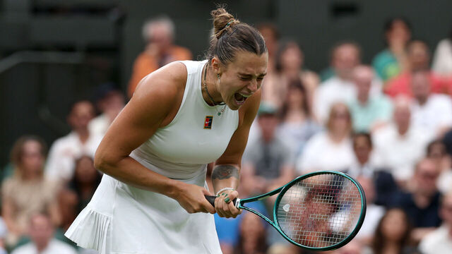 LONDON, ENGLAND - JULY 06: Aryna Sabalenka celebrates a point against Elise Mertens of Belgium during the Ladies' Singles fourth round match on day seven of The Championships Wimbledon 2025 at All England Lawn Tennis and Croquet Club on July 06, 2025 in London, England.