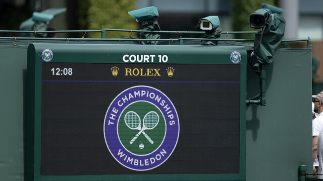 LONDON, ENGLAND - JULY 1: Cameras used with hawkeye technology for line calling are seen above the scoreboard of court 10 on day two of The Championships Wimbledon 2025 at All England Lawn Tennis and Croquet Club on July 1, 2025 in London, England.