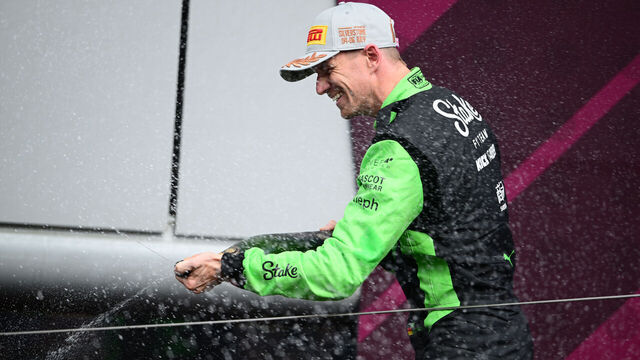 Niko Hulkenberg of Kick Sauber celebrates on the podium during the 13th round of the Formula 1 World Championship at Silverstone Circuit in Silverstone, Northamptonshire, England, on July 6, 2025.