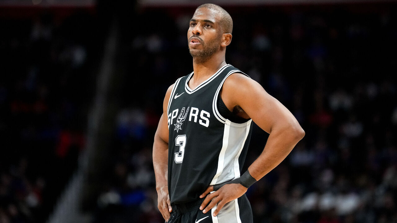 DETROIT, MICHIGAN - MARCH 25: Chris Paul #3 of the San Antonio Spurs looks on against the Detroit Pistons during the first quarter at Little Caesars Arena on March 25, 2025 in Detroit, Michigan.