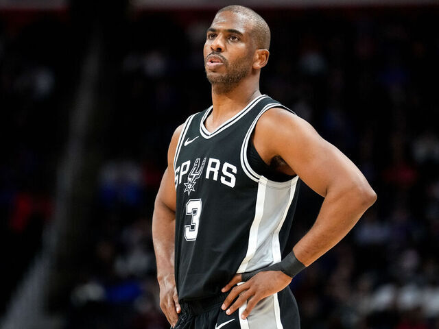 DETROIT, MICHIGAN - MARCH 25: Chris Paul #3 of the San Antonio Spurs looks on against the Detroit Pistons during the first quarter at Little Caesars Arena on March 25, 2025 in Detroit, Michigan.