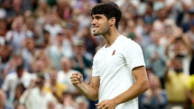 LONDON, ENGLAND - JULY 06: Carlos Alcaraz of Spain applauds the crowd as he celebrates following his victory against Andrey Rublev during the Gentlemen's Singles fourth round match on day seven of The Championships Wimbledon 2025 at All England Lawn Tennis and Croquet Club on July 06, 2025 in London, England.