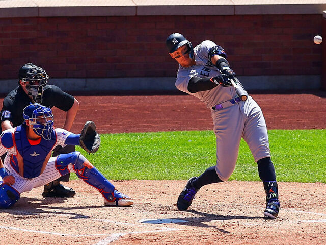 NEW YORK, NY - JULY 06: Aaron Judge #99 of the New York Yankees hits a two-run home run in the fifth inning during the game between the New York Yankees and the New York Mets at Citi Field on Sunday, July 6, 2025 in New York, New York.